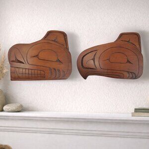 Northwest Coast Hand-Carved Wood Bookends With Indigenous Art Design 3.5" X 6.5"